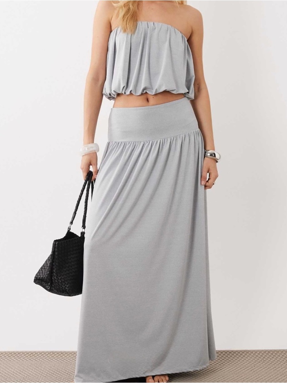 Two Piece Heather Gray Maxi Skirt & Bubble Bandeau Top